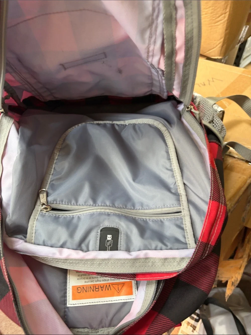 L.L. Bean Red and Black Buffalo Plaid Backpack with Gray Accents